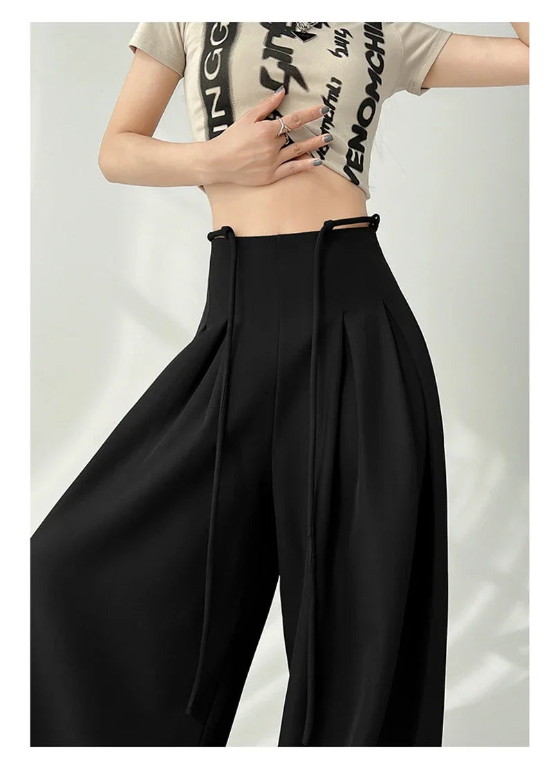 Women’s Streetwear Wide Leg Pants Bottom – Korean High Waist Lace-Up Suit Trousers, Elegant Black Summer Fashion