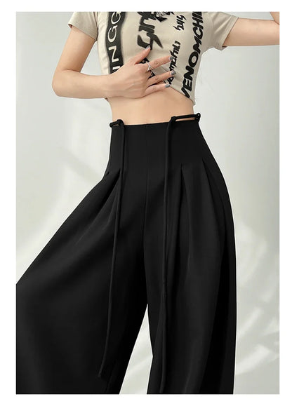Women’s Streetwear Wide Leg Pants Bottom – Korean High Waist Lace-Up Suit Trousers, Elegant Black Summer Fashion