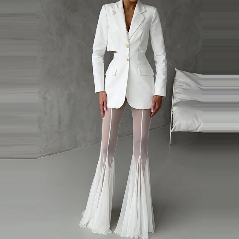 Women’s High Waist Flared Pants – Elegant Slim Fit Patchwork Transparent Bottoms