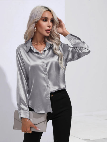 Women’s Satin Imitation Silk Shirt | Long Sleeve Lapel Office Top | Elegant Solid Blouse