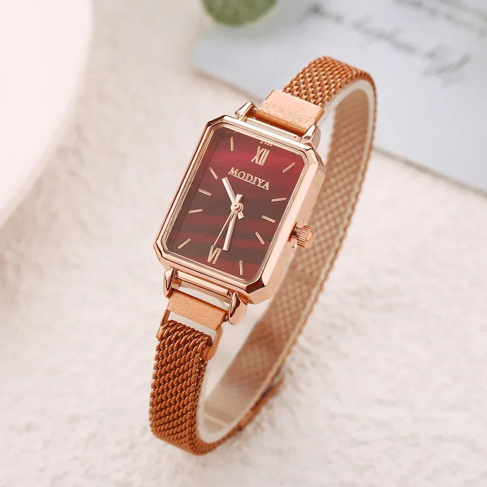Women’s Square Green Dial Watch – Rose Gold Magnetic Mesh Strap Luxury Wristwatch