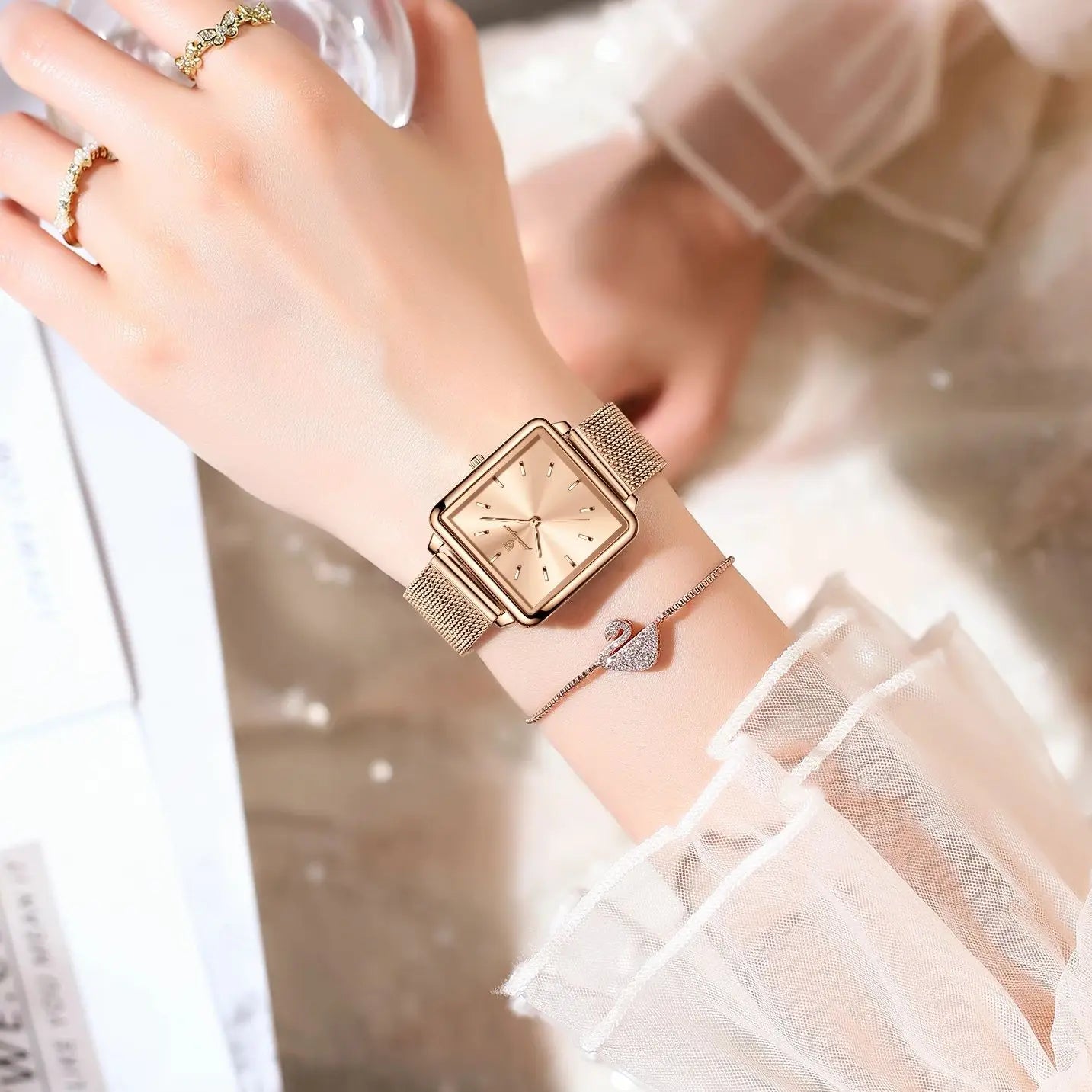 Women’s Fashion Square Quartz Watch – Elegant Waterproof Stainless Steel Mesh Wristwatch