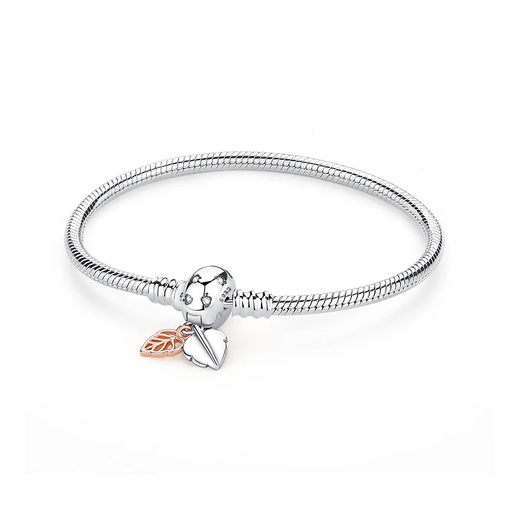 Women’s 925 Sterling Silver Bracelet – Rose Gold Snake Chain with Heart Charm Beads Jewelry