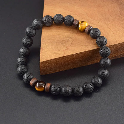Men’s Tiger Eye & Lava Stone Bead Bracelet – Tibetan Buddha Elastic Wristband Jewelry