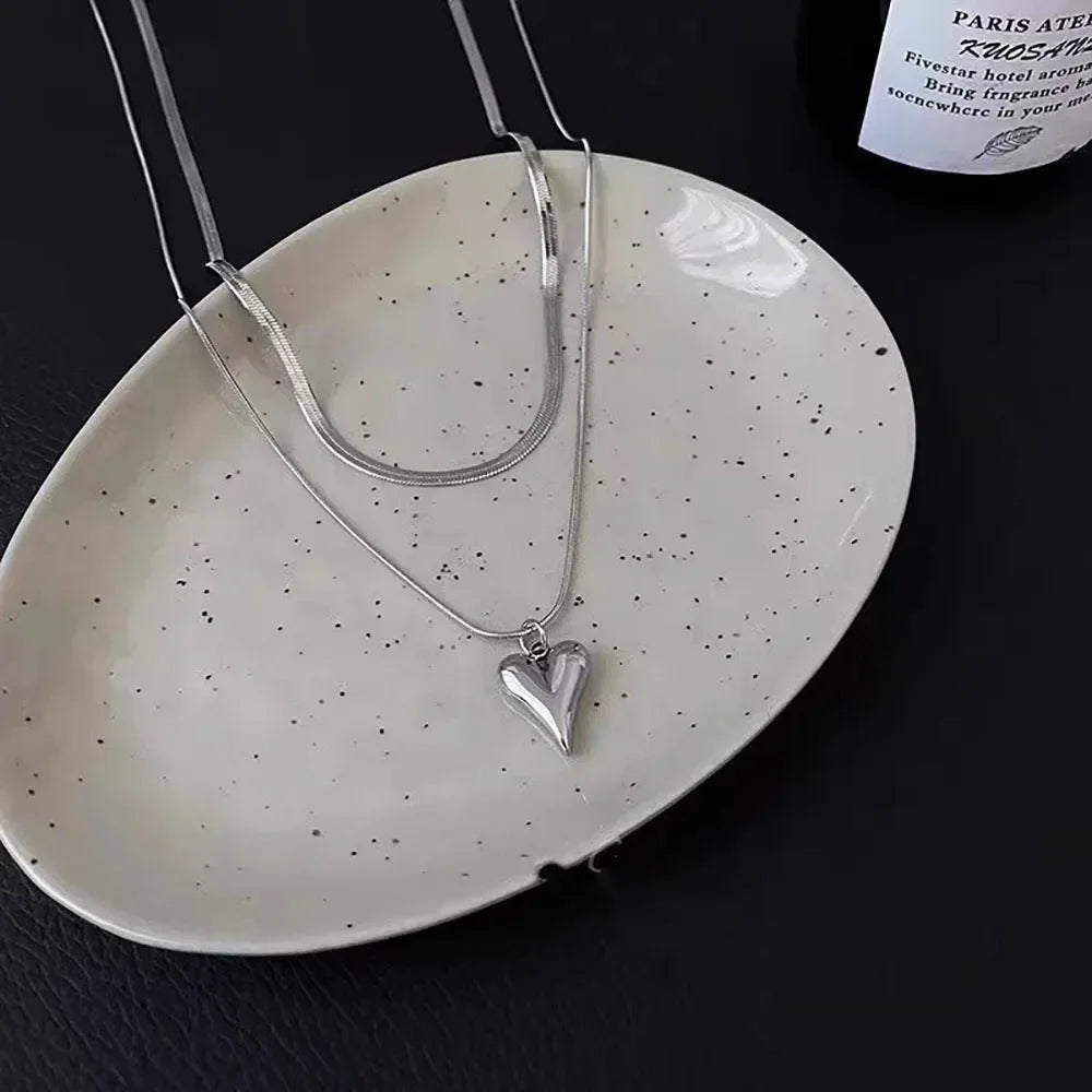 Women’s Jewelry Double Layer Heart Pendant Choker Necklace | Minimal | Silver Tone | Gift