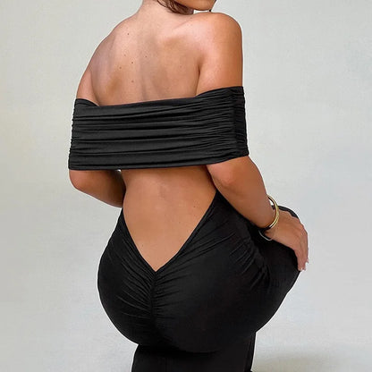 Women’s Off-Shoulder Backless Dress – Elegant Pleated High Slit Evening Party Dress