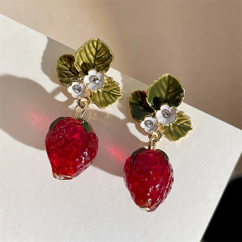 Women’s Strawberry Flower Drop Earrings – 3D Red Fruit & Green Leaf Dangle Jewelry
