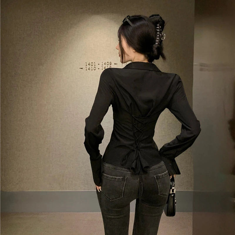 Women’s Korean Bandage Shirt Top – Slim Fit Bell Sleeve Blouse for Spring Casual Streetwear