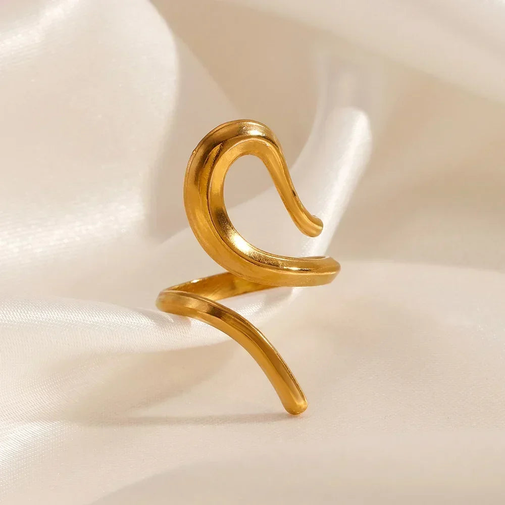Women’s Irregular Wave Stainless Steel Ring – Adjustable Gold Color Statement Jewelry