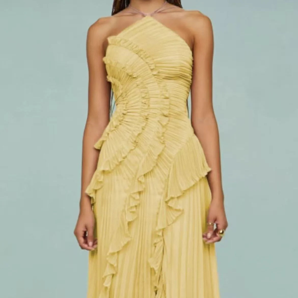Women’s Halter Neck Ruffled Gown – Elegant Sleeveless Backless High Waist Irregular Long Dress