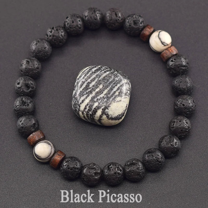 Men’s Tiger Eye & Lava Stone Bead Bracelet – Tibetan Buddha Elastic Wristband Jewelry