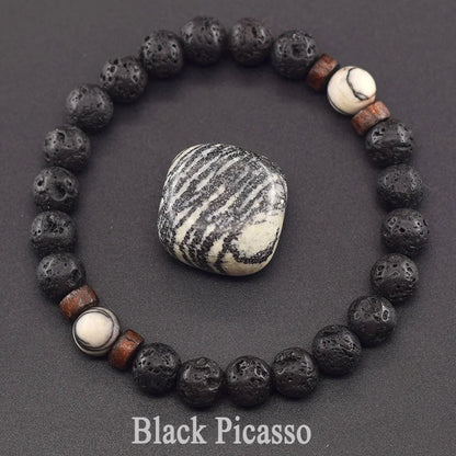 Men’s Tiger Eye & Lava Stone Bead Bracelet – Tibetan Buddha Elastic Wristband Jewelry