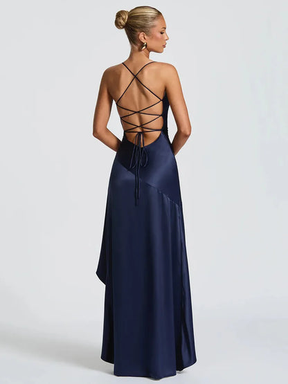 Women’s Satin Spaghetti Strap Maxi Dress – Elegant Split Backless Evening & Party Dress