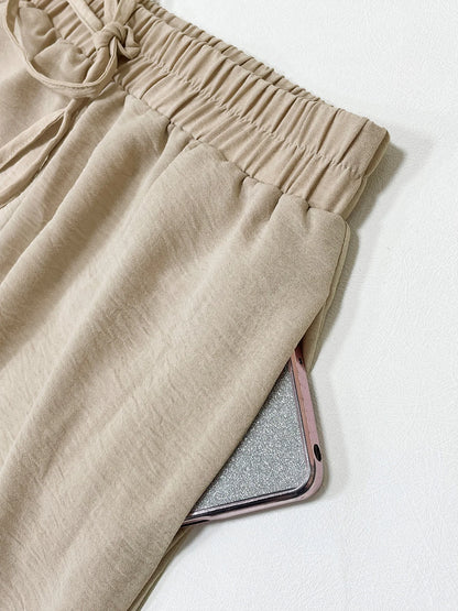 Women’s High-Waist Wide-Leg Pants – Elastic Waist Straight Trousers with Tie Front & Pockets