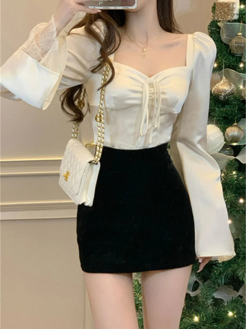 Women’s Lace Flare Sleeve Elegant Top | Sexy Lovely Korean Fashion Retro Pure Slim Spring Blouse