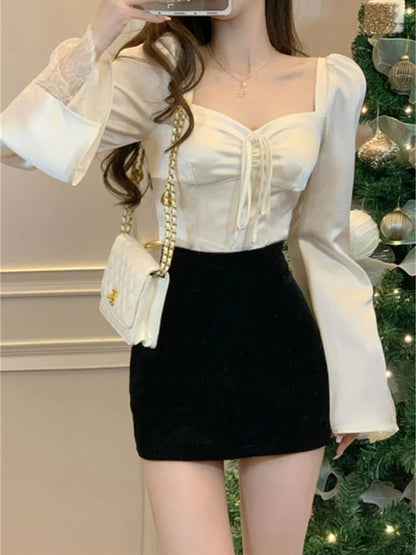 Women’s Lace Flare Sleeve Elegant Top | Sexy Lovely Korean Fashion Retro Pure Slim Spring Blouse