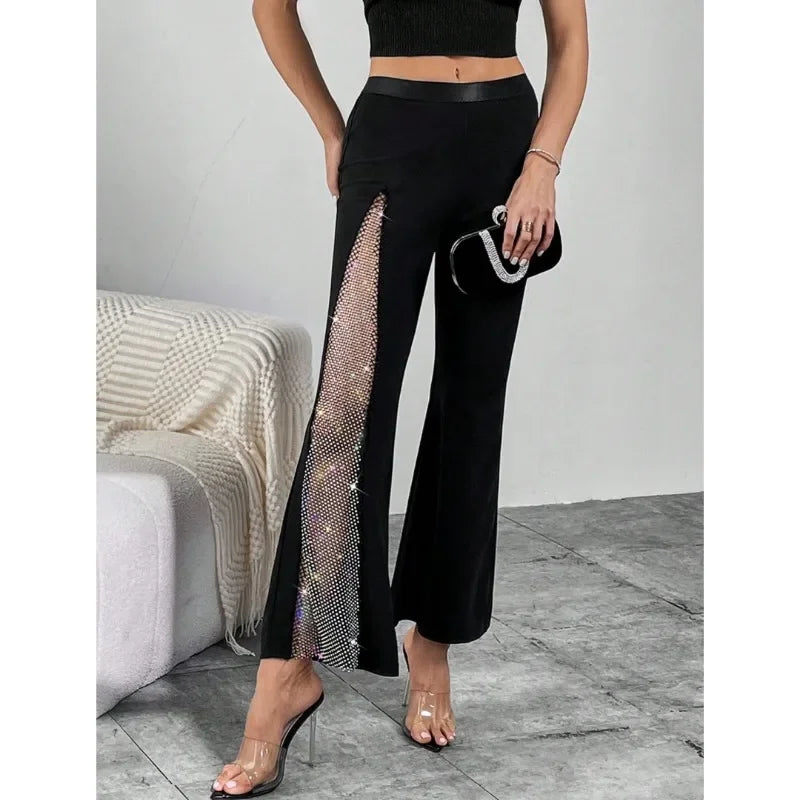 Women’s Street Fashion Flared Pants Bottom – Glitter High Slit Bootcut Trousers, Mid Waist Grenadine Fabric for Party & Night Out