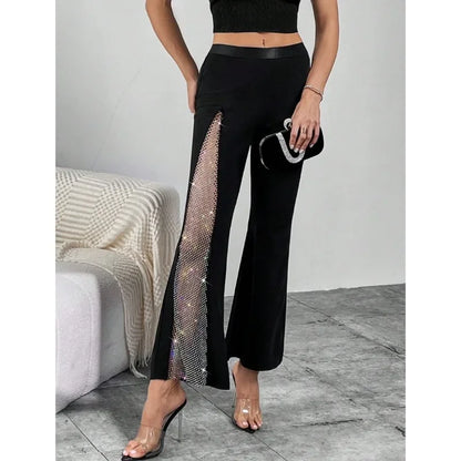 Women’s Street Fashion Flared Pants Bottom – Glitter High Slit Bootcut Trousers, Mid Waist Grenadine Fabric for Party & Night Out