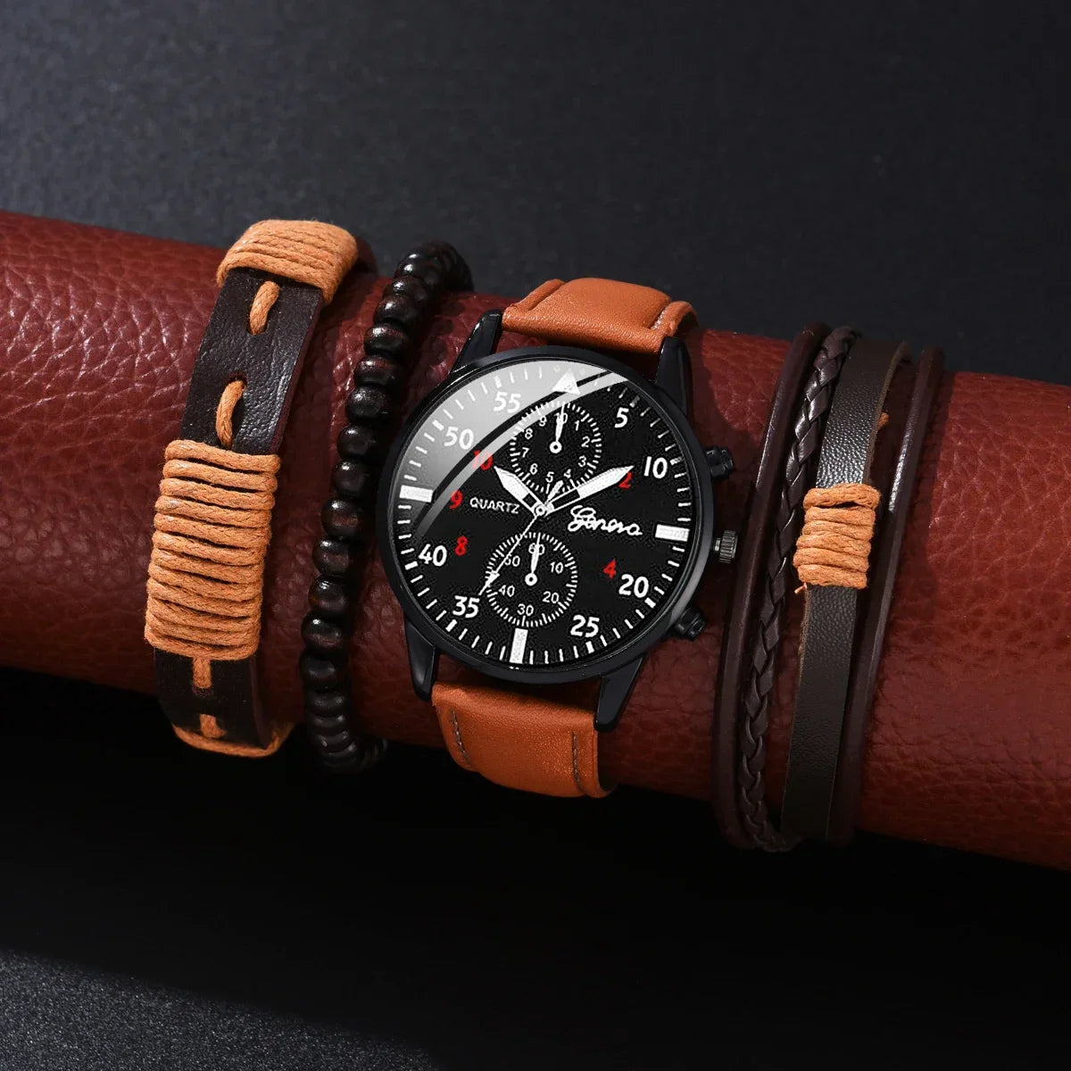 Men’s Luxury Watch Jewelry Set – Leather Strap Fashion Wristwatches Gift Pack with bracelet