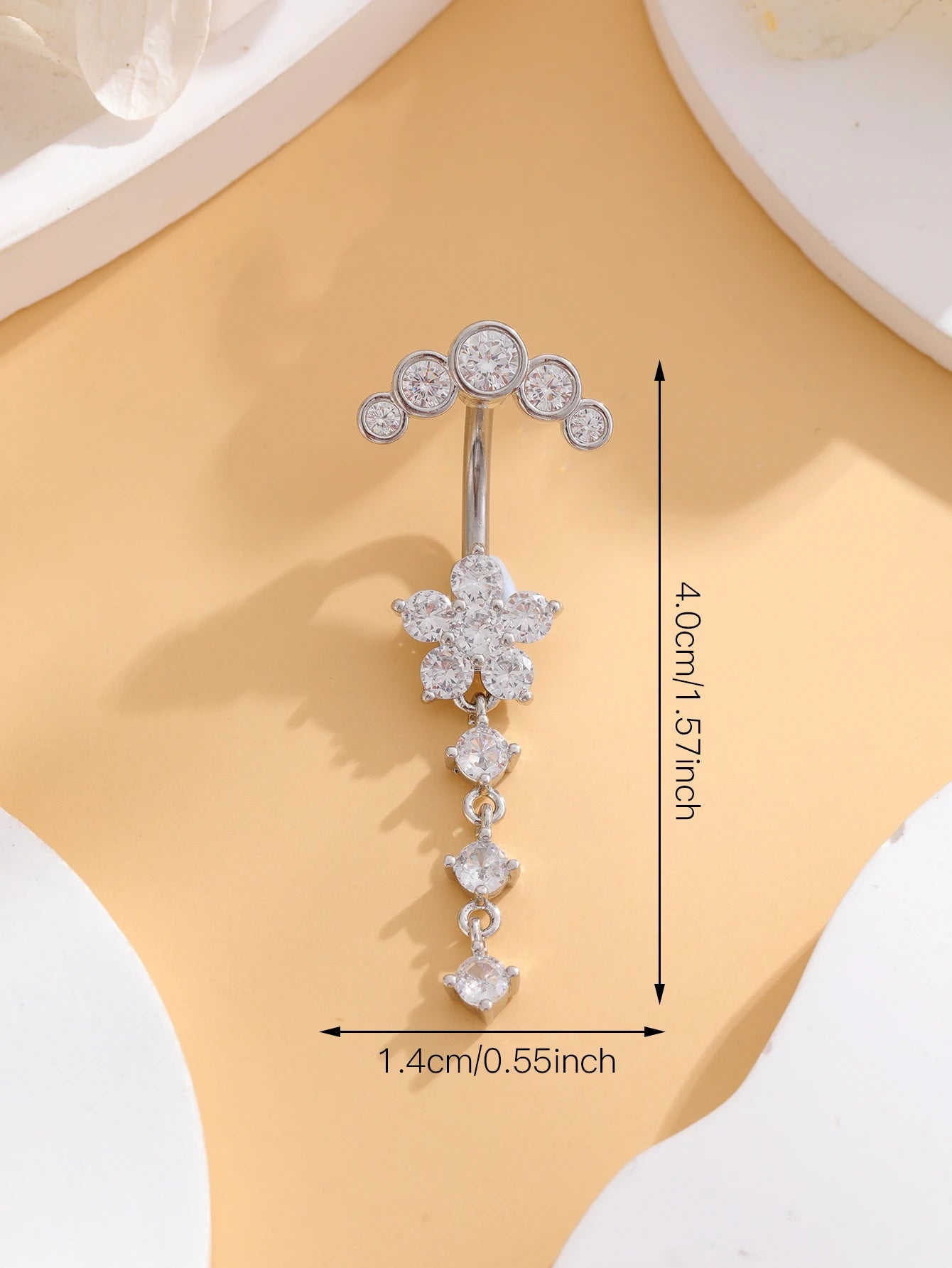 Women’s Gold Stainless Steel Belly Button – Long Dangle Flower CZ Crystal Navel Piercing Jewelry