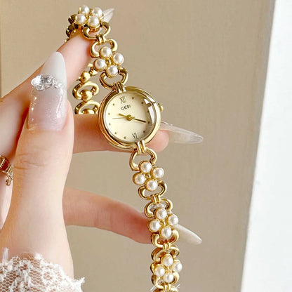 Women’s Small Gold Quartz Watch | Vintage | Pearl Chain | Elegant