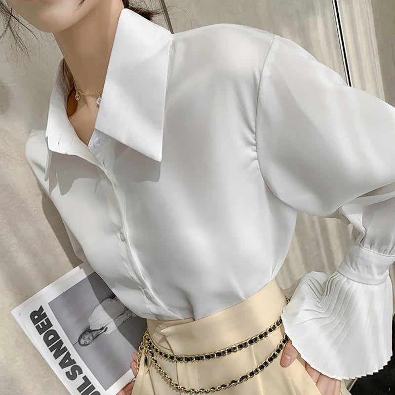Women’s Flare Sleeve Button-Up Shirt Top – Elegant Office Blouse Fall Fashion