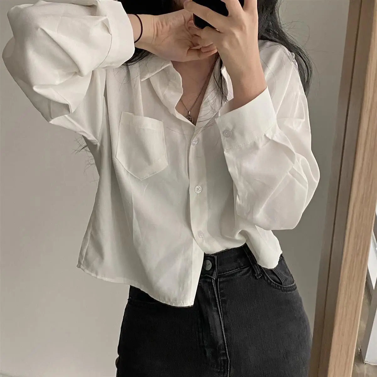 Women’s Long Sleeve Shirt & Blouse – Single Breasted OL Casual Solid Short Top | Elegant Fashion