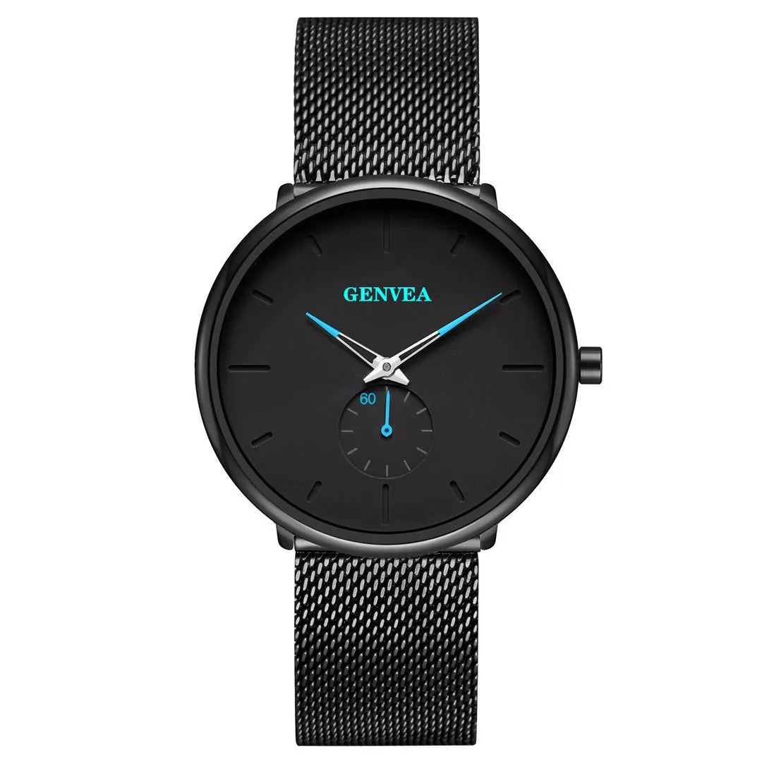 Men’s Ultra Thin Minimalist Watch – Leather & Stainless Steel Mesh Strap