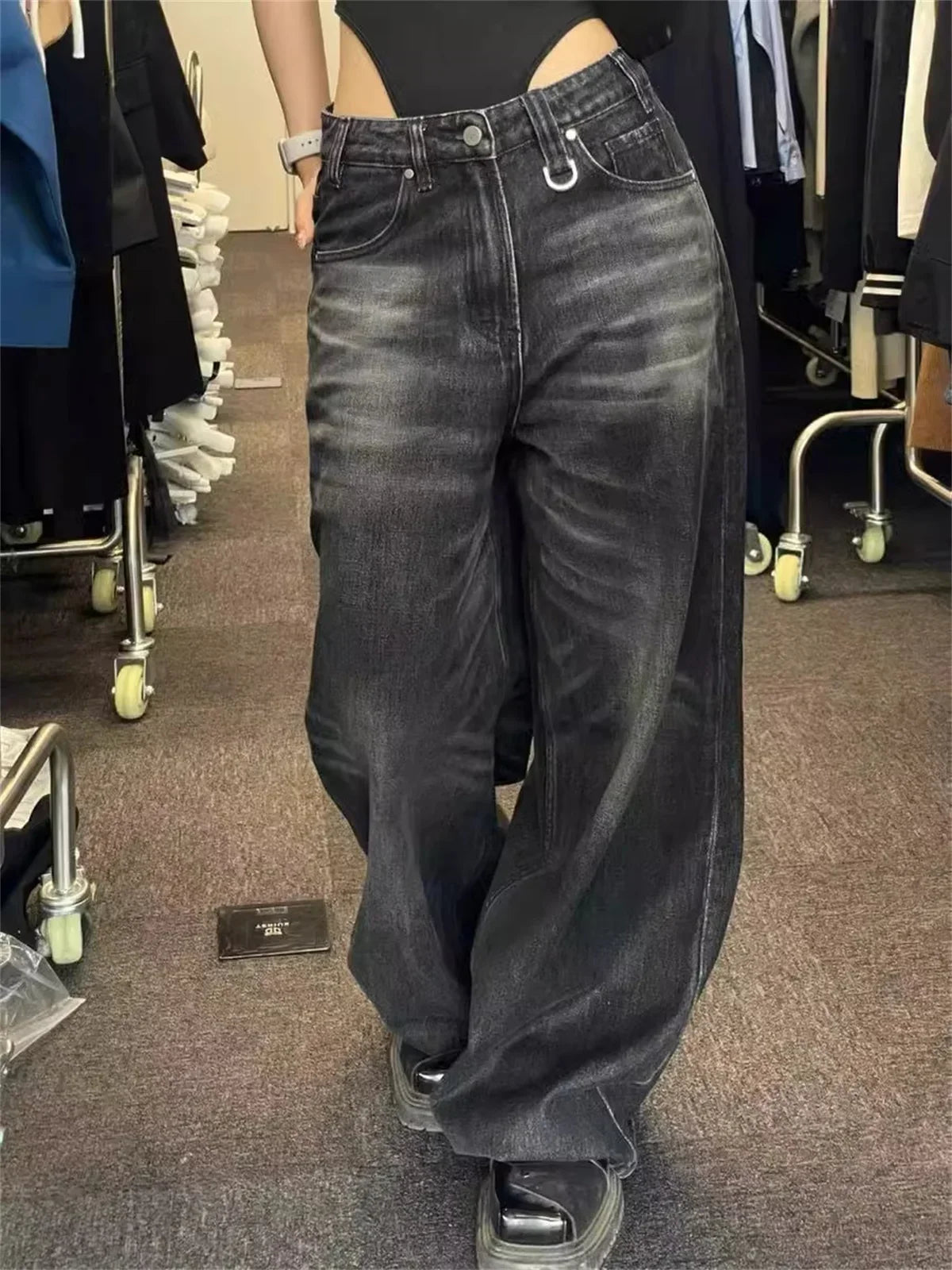 Women’s Vintage Black Wide Leg Jeans Bottom – High Waist Baggy Denim Pants