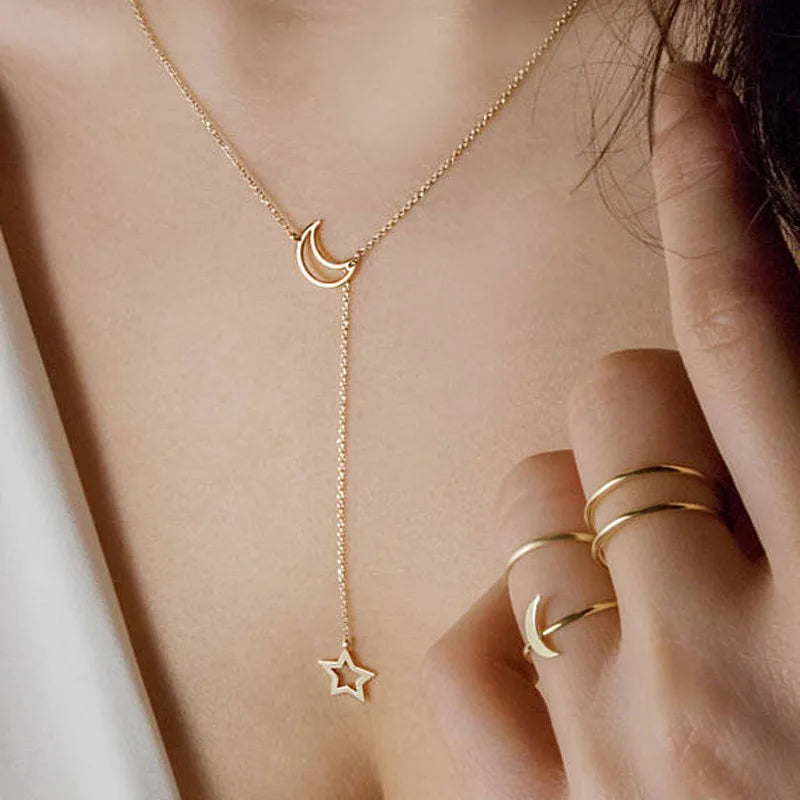 Women’s Jewelry Moon Star Pendant Choker Necklace | Minimal | Gold Tone | Party