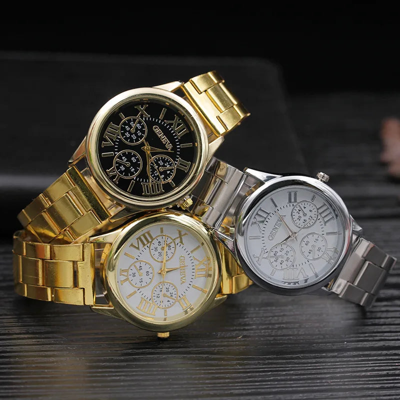 Men’s Light Luxury Watch – Gold Stainless Steel Wristwatch with 3-Eye Dial