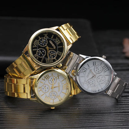 Men’s Light Luxury Watch – Gold Stainless Steel Wristwatch with 3-Eye Dial
