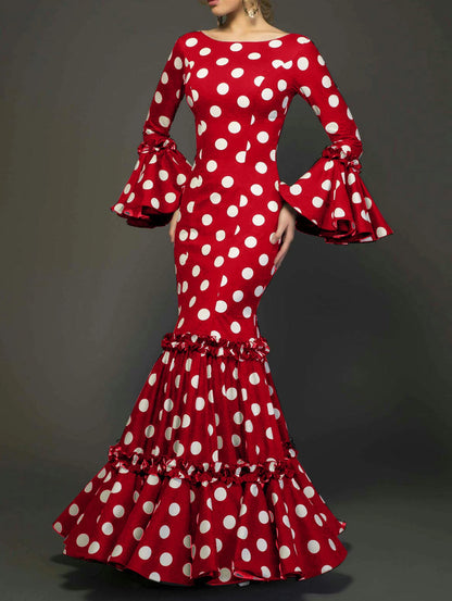 Women’s Polka Dot Long Dress – Elegant Vintage Trumpet Maxi Dress with Flare Sleeves