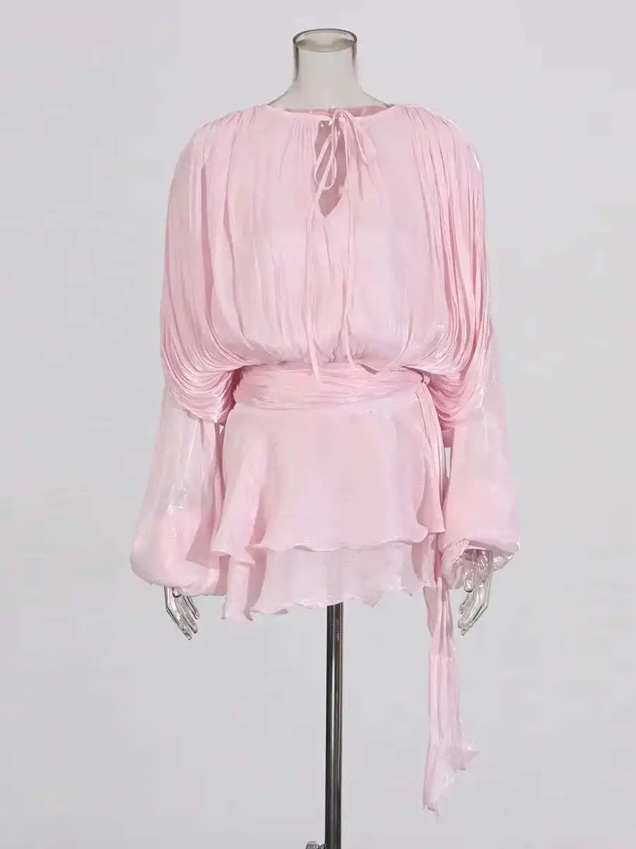 Women’s V-Neck Lace-Up Mini Dress – Long Sleeve Sweet Style Fashion Dress