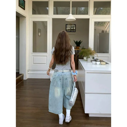 Women’s High-Waisted Denim Bermuda Bottom – Vintage Loose-Fit Straight-Leg Five-Point Pants Summer Style
