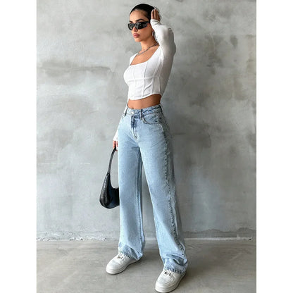 Women’s Wide Leg Jeans – High Waist Vintage Washed Denim Pants Bottom
