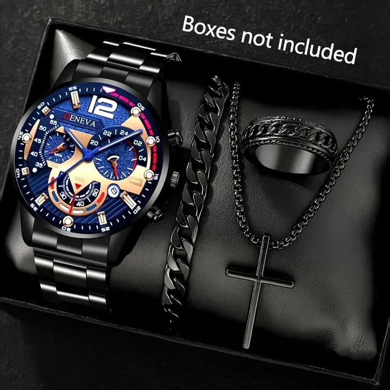 Men’s Luxury Quartz Watch Gift Jewelry Set – Gold Roman Calendar Wristwatch with Cross Necklace, Bracelet & Ring