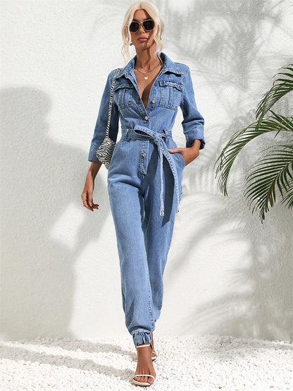 Women’s Denim Jumpsuit | Streetwear | Belted | Turn Down Collar