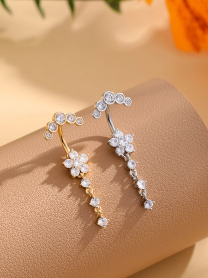 Women’s Gold Stainless Steel Belly Button – Long Dangle Flower CZ Crystal Navel Piercing Jewelry