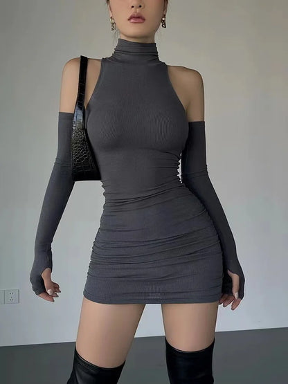 Women’s Ruched Turtleneck Mini Dress – Long Sleeve Stretchy Party Dress