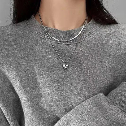 Women’s Jewelry Double Layer Heart Pendant Choker Necklace | Minimal | Silver Tone | Gift