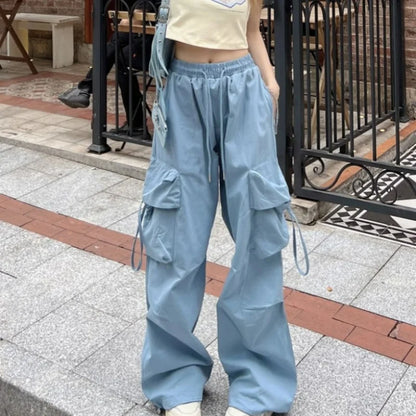 Women’s Vintage Cargo Sweatpants Bottom – Elastic Waist Oversized Wide Leg Baggy Trousers, Retro Streetwear Fashion