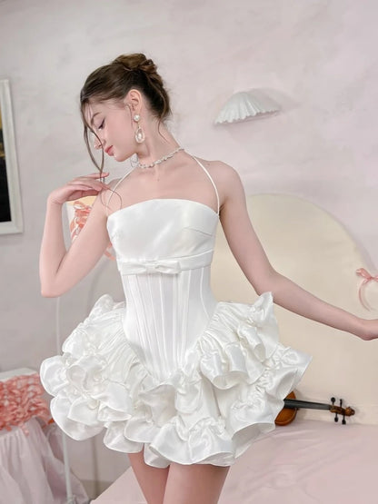 Women’s Pink White Lace-Up Two-Piece Set Sexy Sleeveless Bow Ruffle A-Line Elegant Set