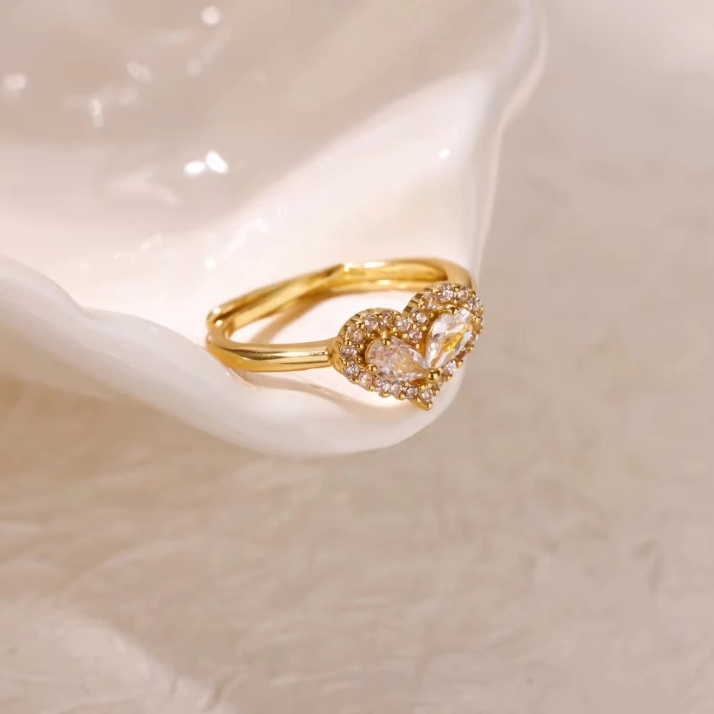 Women’s Gold Stainless Steel Heart Ring – Adjustable Imitation Open Band