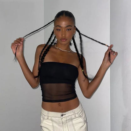 Women’s Corset Black Crop Top | Patchwork Strapless Tube Top | Sexy Sleeveless Off-Shoulder Cami | Summer Streetwear Slim Top