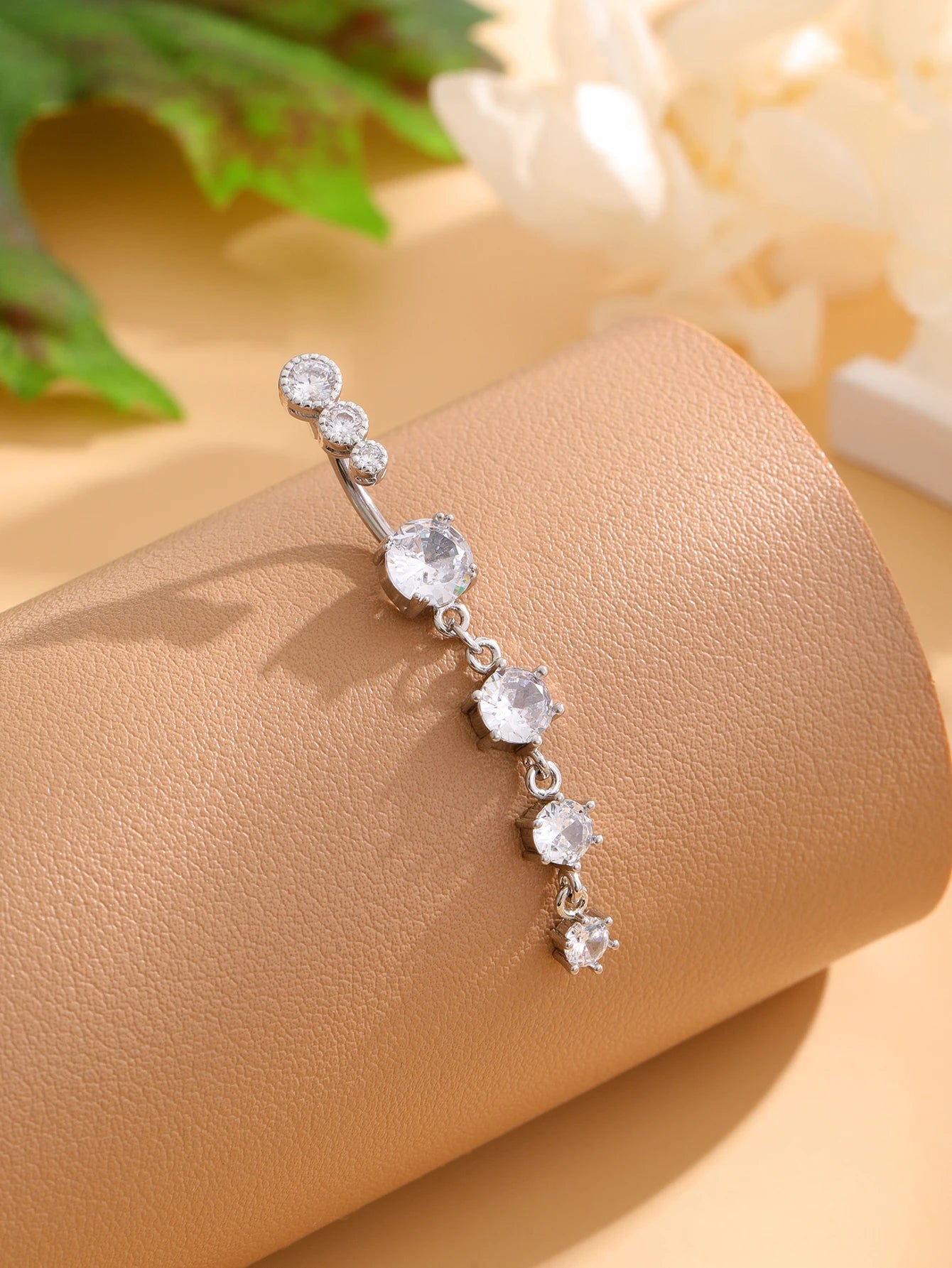 Women’s Gold Stainless Steel Belly Button – Long Dangle Flower CZ Crystal Navel Piercing Jewelry