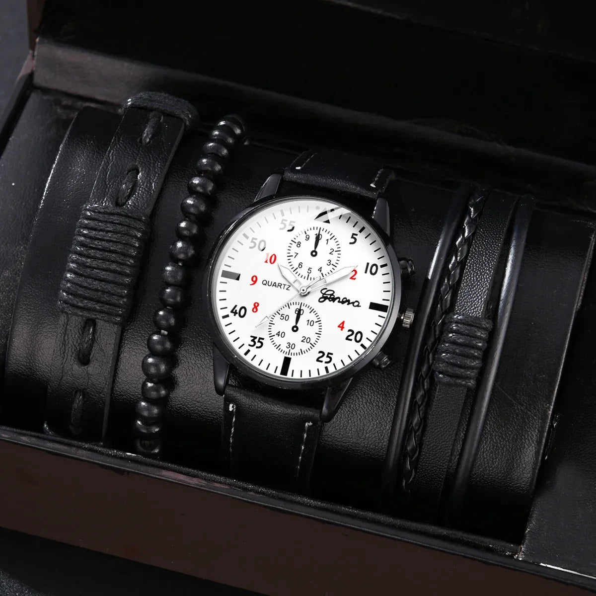 Men’s Luxury Watch Jewelry Set – Leather Strap Fashion Wristwatches Gift Pack with bracelet