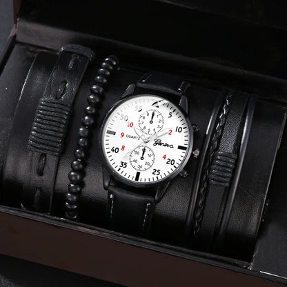Men’s Luxury Watch Jewelry Set – Leather Strap Fashion Wristwatches Gift Pack with bracelet