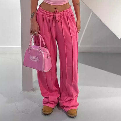Women’s Mid Waist Wide Leg Pants Bottom – Elegant Office Trousers with Drawstring Loose Fit Y2K Streetwear