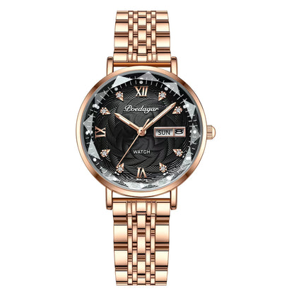 Women’s Luxury Stainless Steel Watch | Waterproof Luminous Quartz Wristwatch with Date & Week Display